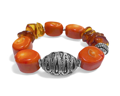 Ethno Boho Armband Bambuskoralle Orange Bernstein 925 Sterling Silber Unikat Dehnbar