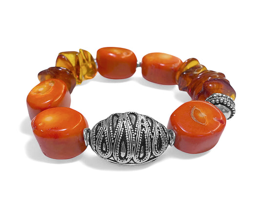 Ethno Boho Armband Bambuskoralle Orange Bernstein 925 Sterling Silber Unikat Dehnbar