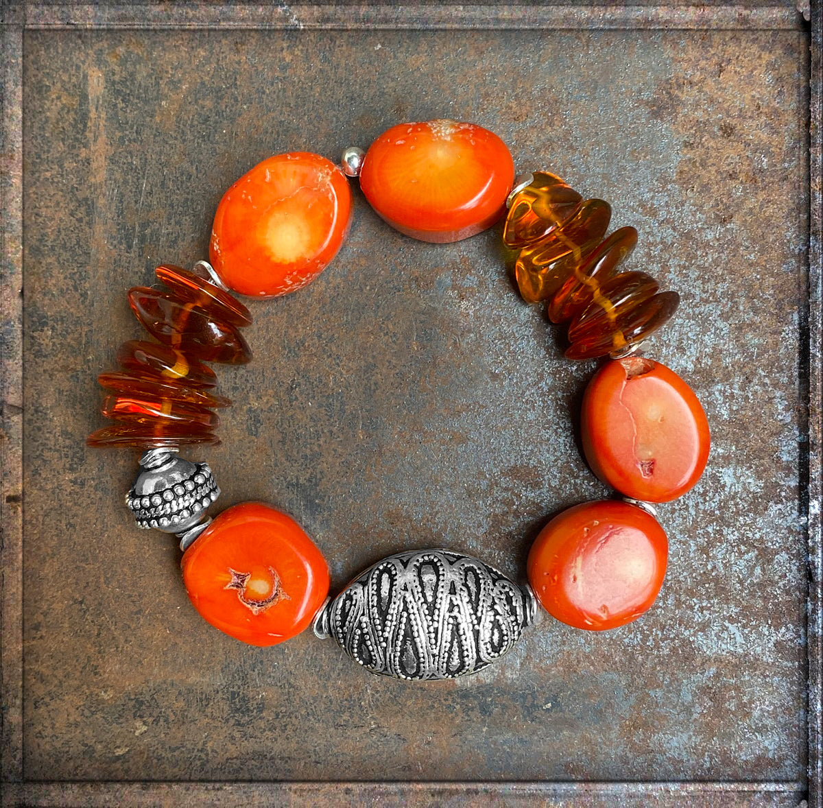 Ethno Boho Armband Koralle Orange Bernstein 925 Sterling Silber Unikat Dehnbar