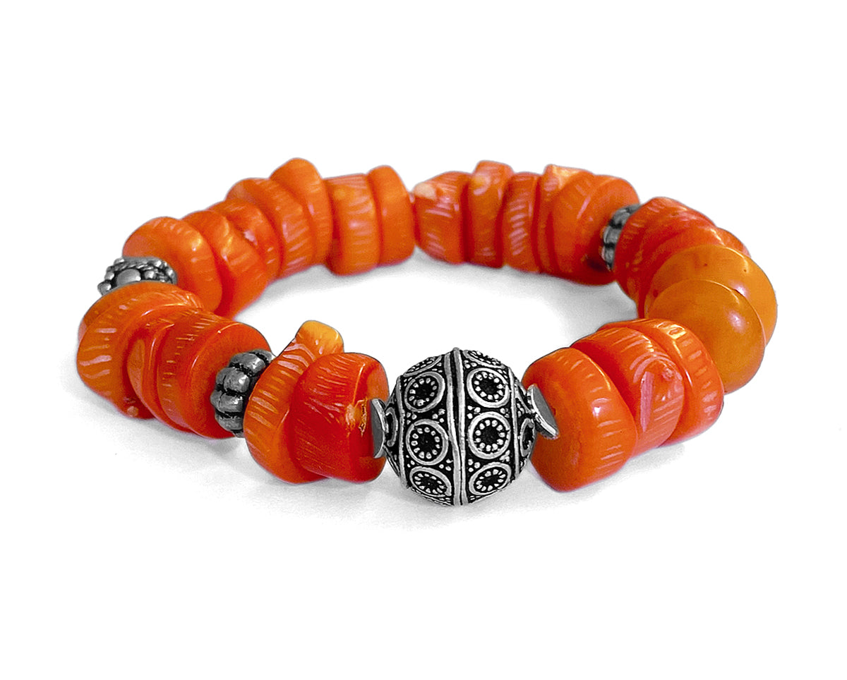 Armband Bambuskoralle Orange Coral Resinperlen Sterling Silber Dehnbar Unikat