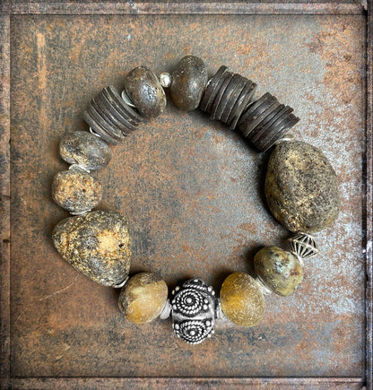 Armband Rohbernstein Matt Ethno Boho Kokosscheiben Braun 925 Silber Dehnbar Unikat
