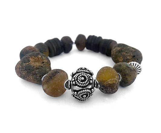 Armband Rohbernstein Matt Ethno Boho Kokosscheiben Braun 925 Sterling Silber Dehnbar Unikat