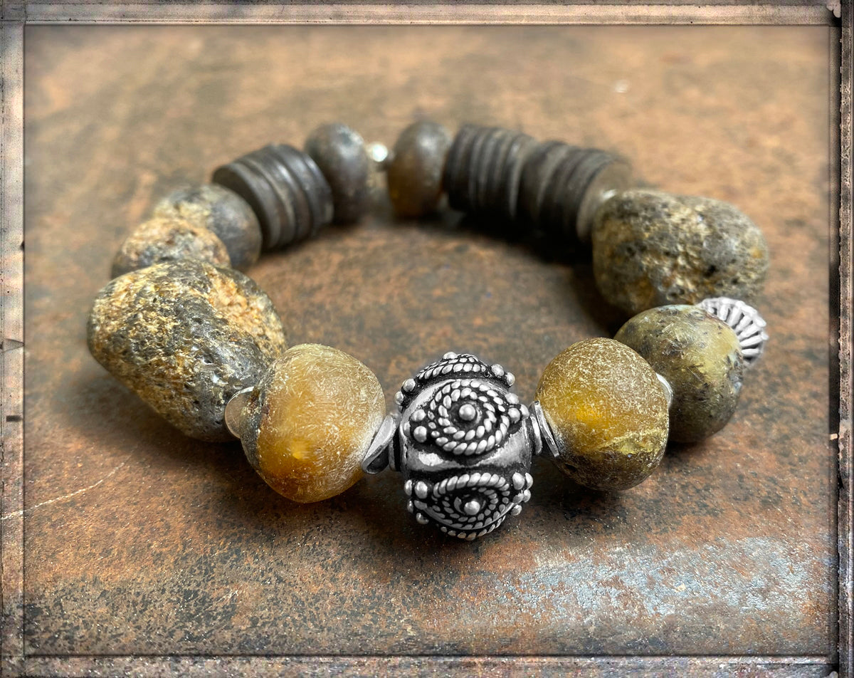 Armband Rohbernstein Matt Ethno Boho Kokosscheiben Braun Sterling Silber Dehnbar Unikat
