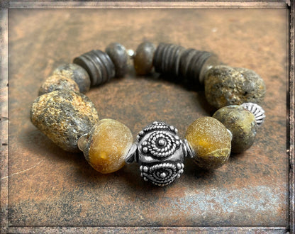 Armband Rohbernstein Matt Ethno Boho Kokosscheiben Braun Sterling Silber Dehnbar Unikat
