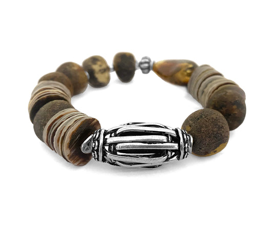 Ethno Boho Armband Bernstein Matt Muschelscheiben Naturfarben 925 Sterling Silber Dehnbar Unikat