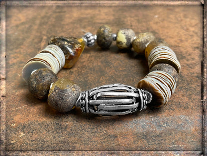 Ethno Boho Armband Bernstein Matt Muschelscheiben Naturfarben 925 Silber Dehnbar Unikat