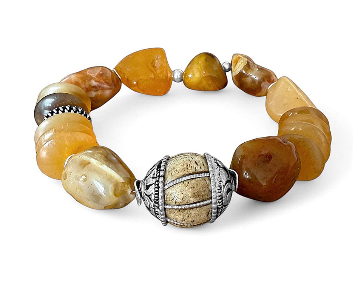 Armband Carneol Horn Ethno Boho Tribal-Perle Silber Dehnbar Unikat