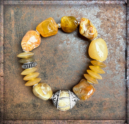 Armband Carneol Horn Ethno Boho Tribal-Perle 925 Silber Dehnbar Unikat