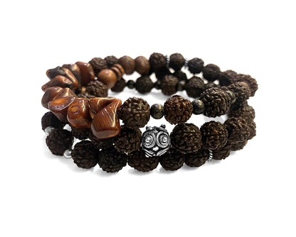 Ethno Boho Armband Dreireihig Rudraksha-Perlen Bodhi-Samen Bambuskoralle Holzperlen Sterling Silber Dehnbar Unisex Unikat