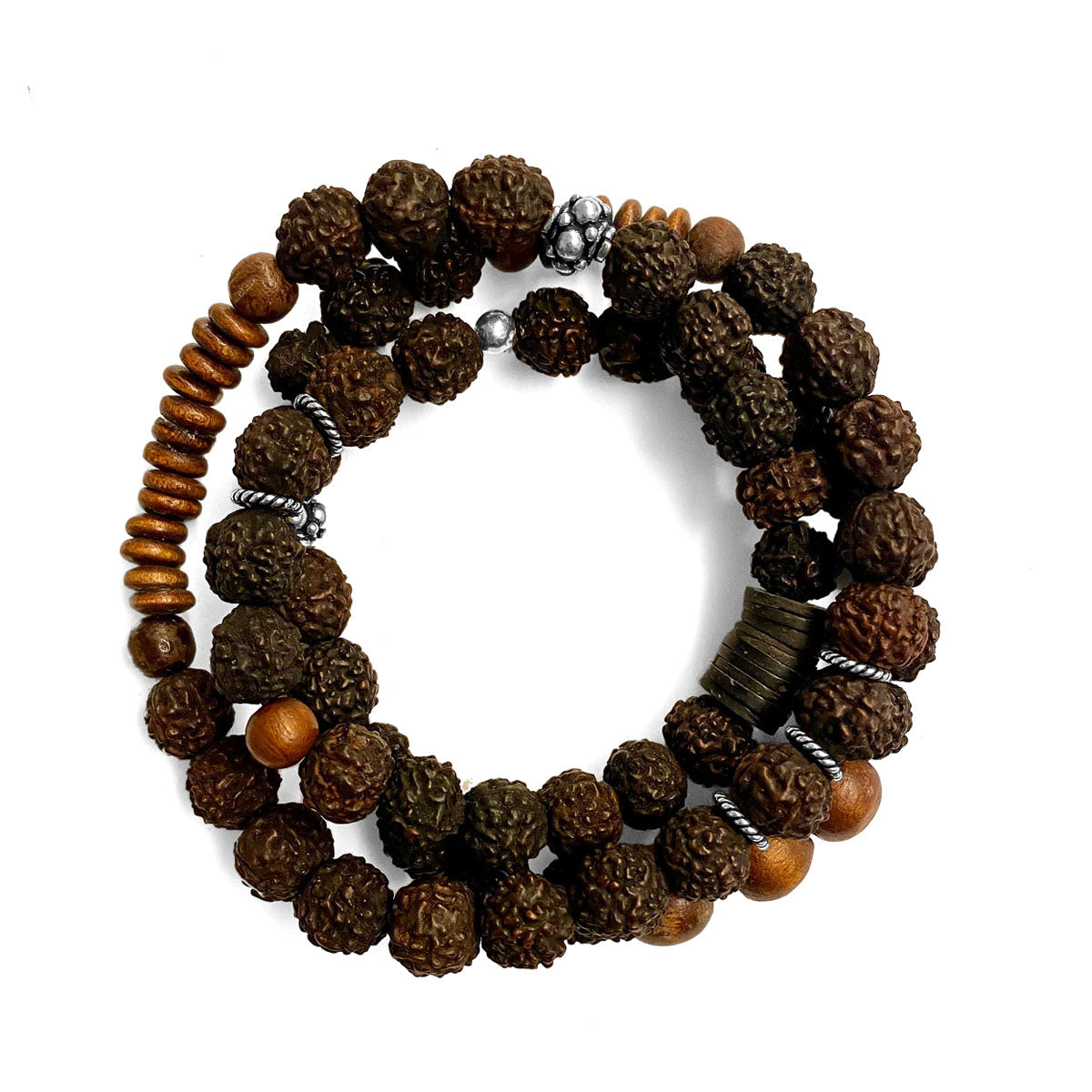 Ethno Boho Armband Dreireihig Rudraksha-Perlen Holzperlen 925 Silber Dehnbar Unisex Unikat