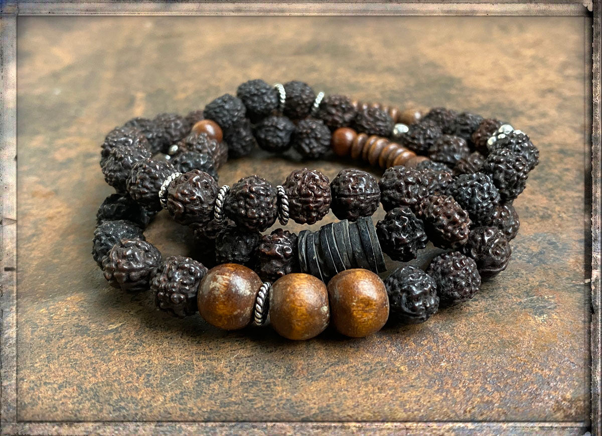 Ethno Boho Armband Dreireihig Rudraksha-Perlen Holzperlen Sterling Silber Dehnbar Unisex Unikat