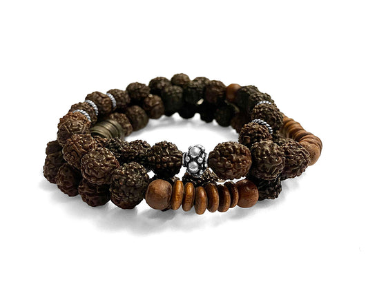 Ethno Boho Armband Dreireihig Rudraksha-Perlen Holzperlen 925 Sterling Silber Dehnbar Unisex Unikat