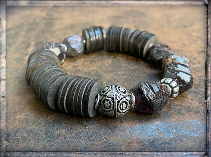 Armband Granat Rohstein Ethno Boho Kokosscheiben Braun 925 Silber Dehnbar Unisex Unikat