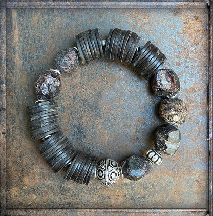 Armband Granat Rohstein Ethno Boho Kokosscheiben Braun Sterling Silber Dehnbar Unisex Unikat