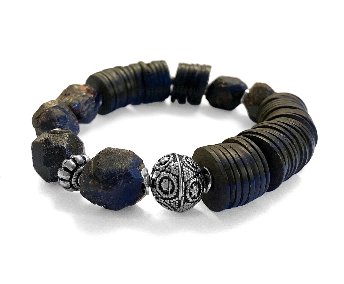 Armband Granat Rohstein Ethno Boho Kokosscheiben Braun 925 Sterling Silber Dehnbar Unisex Unikat