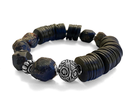 Armband Granat Rohstein Ethno Boho Kokosscheiben Braun 925 Sterling Silber Dehnbar Unisex Unikat