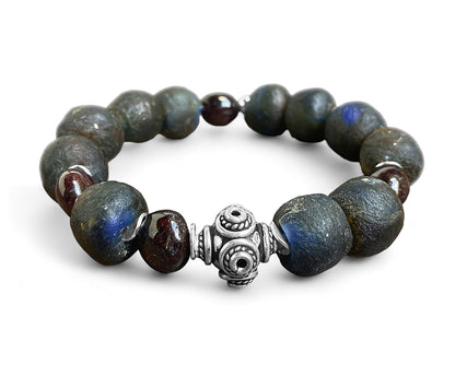 Ethno Boho Armband Granat Tribal Glasperlen Braun 925 Sterling Silber Dehnbar Unisex Unikat