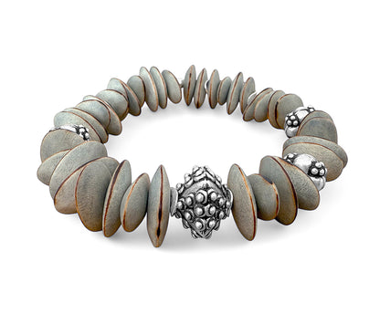 Armband Holzperlen Grau Ethno Boho 925 Sterling Silber Dehnbar Unikat