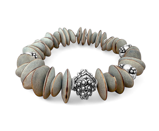 Armband Holzperlen Grau Ethno Boho 925 Sterling Silber Dehnbar Unikat