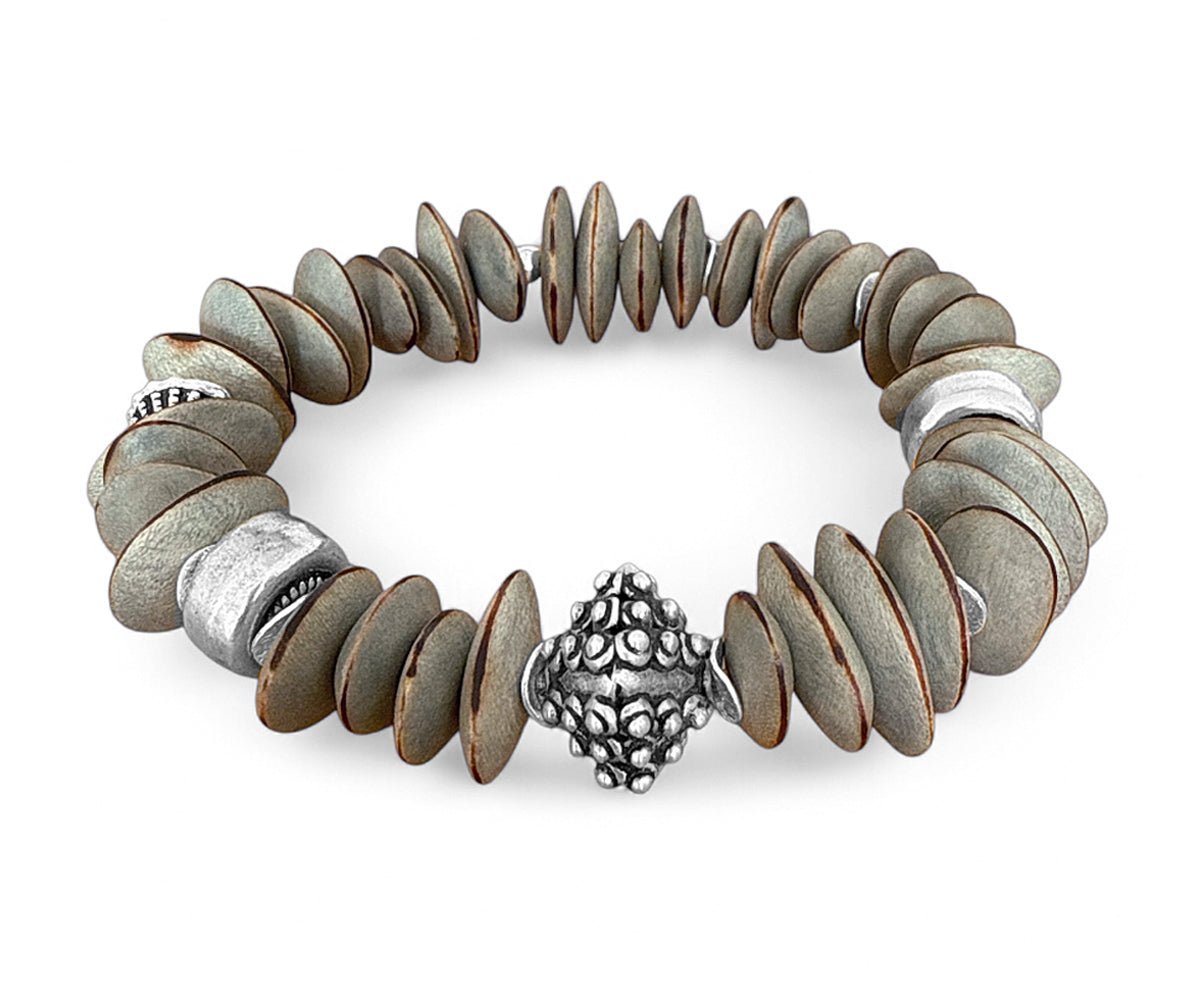 Armband Ethno Boho Holzperlen Grau 925 Silber Dehnbar Unikat