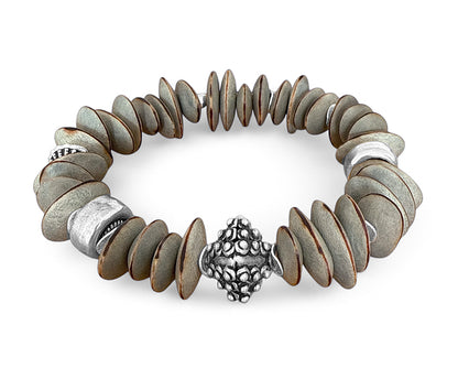 Armband Ethno Boho Holzperlen Grau 925 Silber Dehnbar Unikat