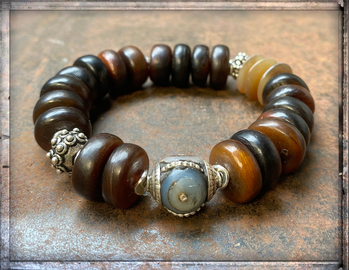 Ethno Boho Horn Armband 925 Silber Dehnbar Unisex Unikat