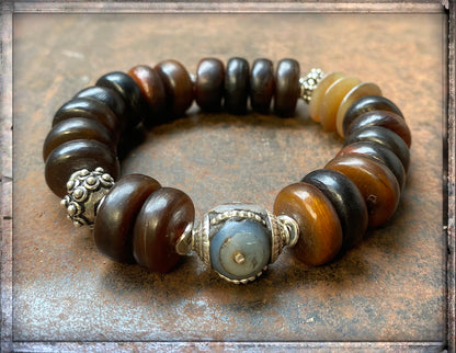 Ethno Boho Horn Armband 925 Silber Dehnbar Unisex Unikat