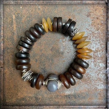 Ethno Boho Armband Hornperlen Holzperlen Bernstein Brauntöne 925 Silber Dehnbar Unisex Unikat