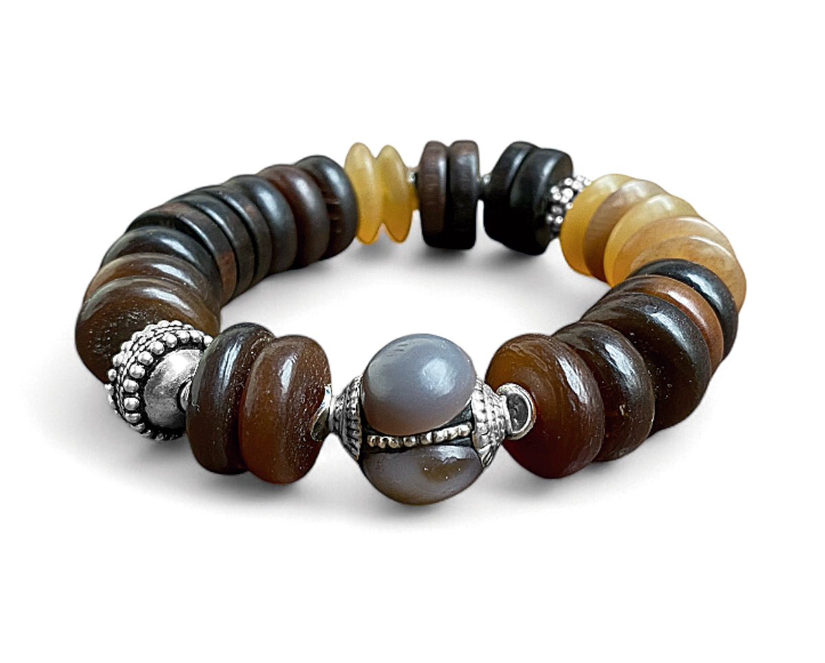 Ethno Boho Armband Hornperlen Holzperlen Bernstein Brauntöne Sterling Silber Dehnbar Unisex Unikat