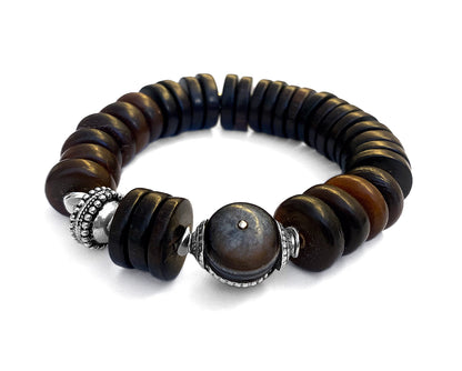 Ethno Boho Horn Armband Holzperlen Braun 925 Sterling Silber Dehnbar Unisex Unikat