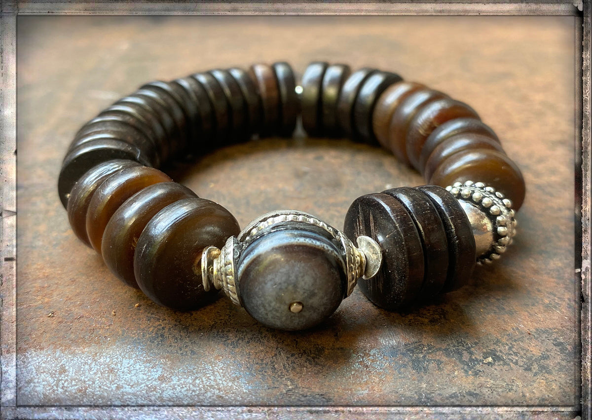 Ethno Boho Horn Armband Holzperlen Braun Sterling Silber Dehnbar Unisex Unikat