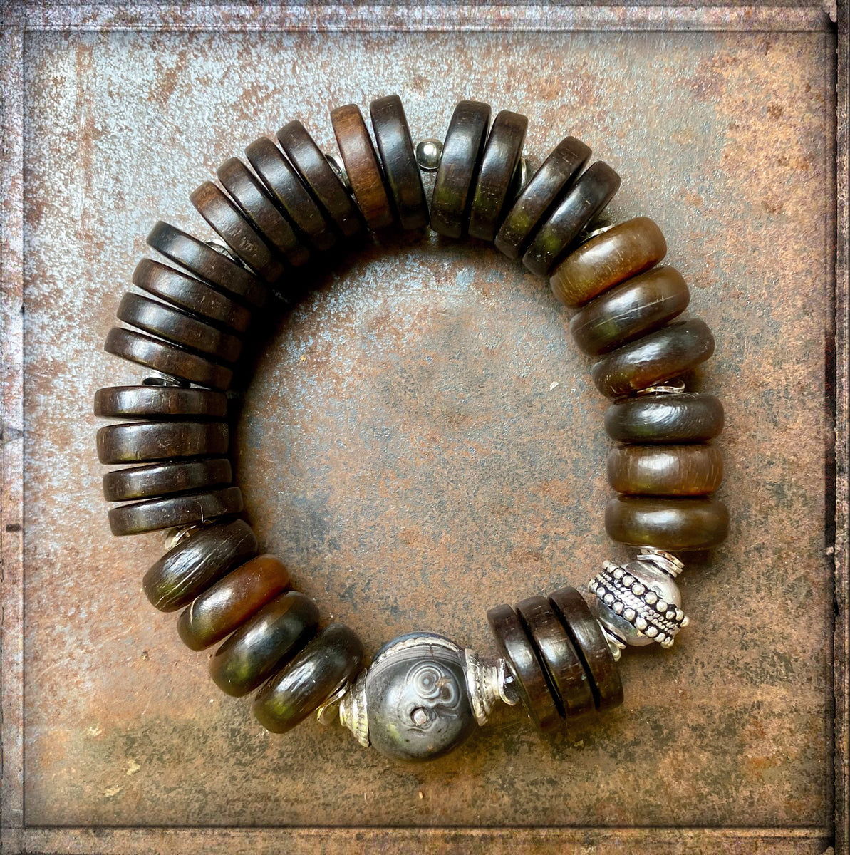 Ethno Boho Horn Armband Holzperlen Braun 925 Silber Dehnbar Unisex Unikat