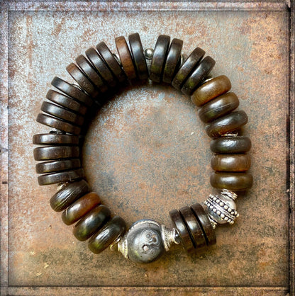 Ethno Boho Horn Armband Holzperlen Braun 925 Silber Dehnbar Unisex Unikat