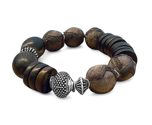 Armband Horn Ethno Boho Lederperlen Braun 925 Silber Dehnbar Unikat 
