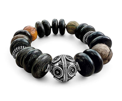 Armband Horn Ethno Boho Lederperlen Brauntöne 925 Silber Dehnbar Unikat