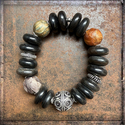 Armband Horn Ethno Boho Lederperlen Brauntöne Silber Unikat