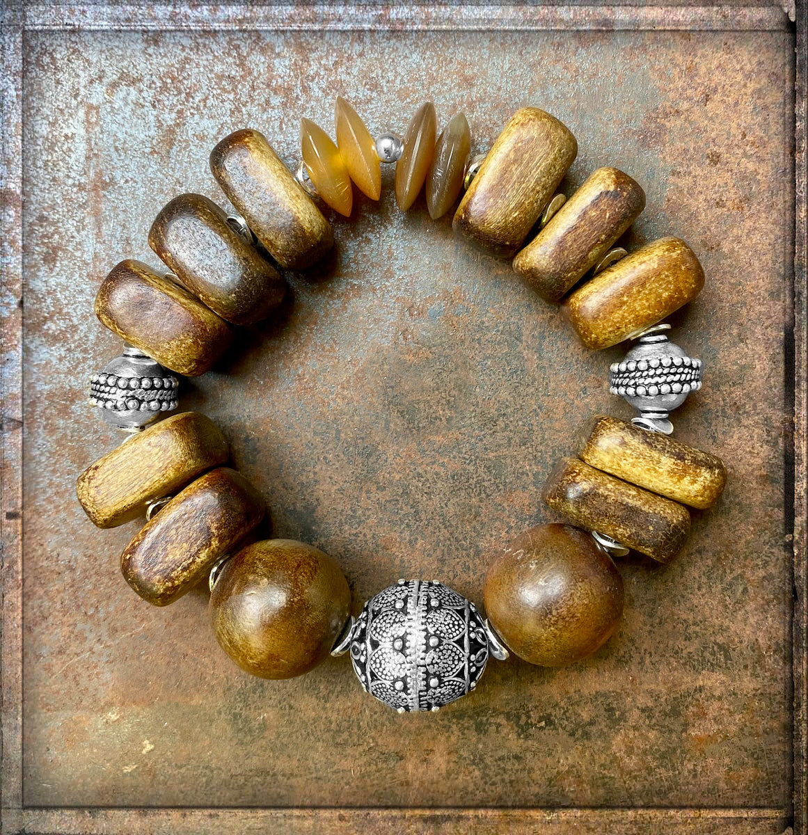 Horn Armband Matt Ethno Boho 925 Silber Dehnbar Unikat