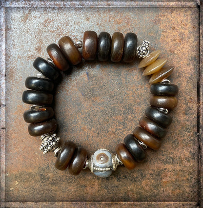 Ethno Boho Horn Armband Sterling Silber Dehnbar Unisex Unikat