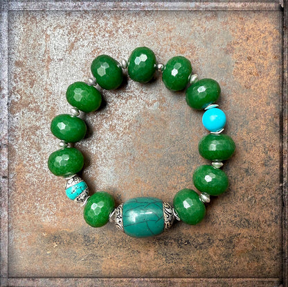 Ethno Boho Jade-Armband Grün Facettiert Tibet-Perle Türkis Dehnbar Unikat 925 Sterling Silber Schmuck Reichenberger