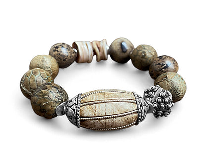Ethno Boho Armband Jaspis Lederperlen Muschelscheiben Tribalperle Oval 925 Sterling Silber Dehnbar Unikat