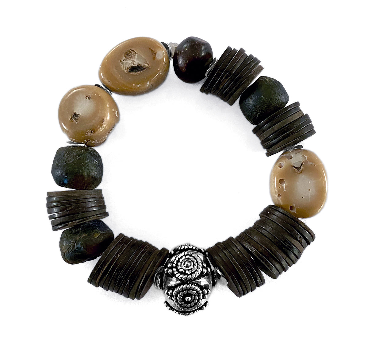 Armband Ethno Boho Kokosscheiben Bambuskoralle Naturfarben 925 Silber Dehnbar Unikat Reichenberger