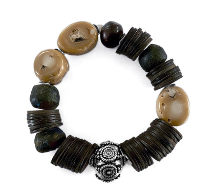 Armband Ethno Boho Kokosscheiben Bambuskoralle Naturfarben 925 Silber Dehnbar Unikat Reichenberger