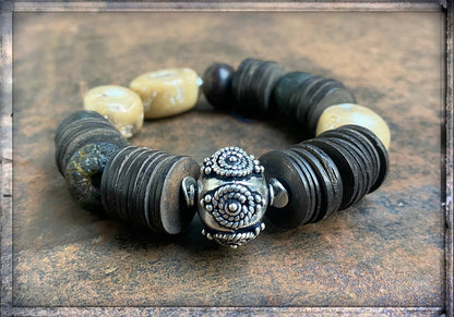 Armband Ethno Boho Kokosscheiben Bambuskoralle Naturfarben Silber Dehnbar Unikat 