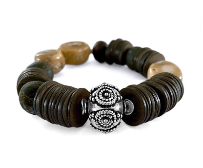 Armband Ethno Boho Kokosscheiben Bambuskoralle Naturfarben 925 Silber Dehnbar Unikat