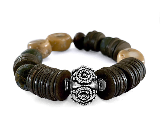 Armband Ethno Boho Kokosscheiben Bambuskoralle Naturfarben 925 Silber Dehnbar Unikat