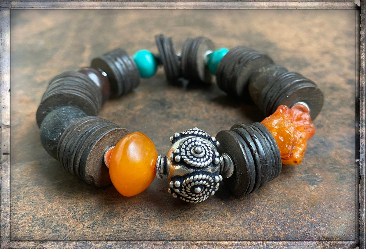 Armband Boho Ethno Kokosscheiben Carneol Türkis Silber Dehnbar Unikat Reichenberger
