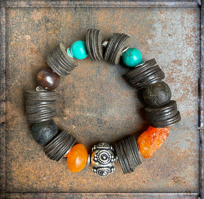 Armband Boho Ethno Kokosscheiben Carneol Türkis 925 Silber Dehnbar Unikat
