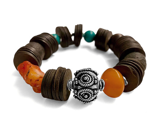 Armband Boho Ethno Kokosscheiben Carneol Türkis 925 Sterling Silber Dehnbar Unikat