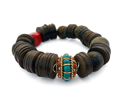 Ethno Boho Armband Kokosscheiben Braun Labradorit Bambuskoralle Rot Tibet-Perle Türkis Silber Dehnbar Unikat