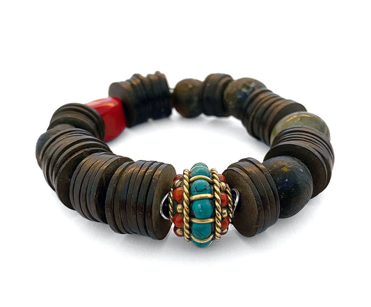 Ethno Boho Armband Kokosscheiben Braun Labradorit Bambuskoralle Rot Tibet-Perle Türkis Silber Dehnbar Unikat